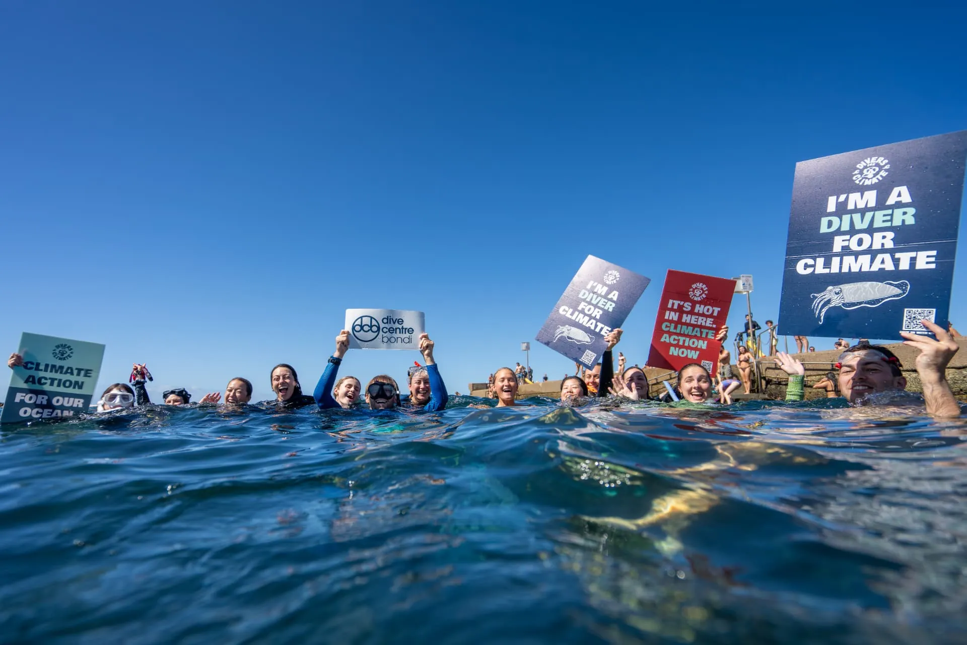 A group of divers floating in the sea at Clovelly, holding up Divers for Climate campaign signs