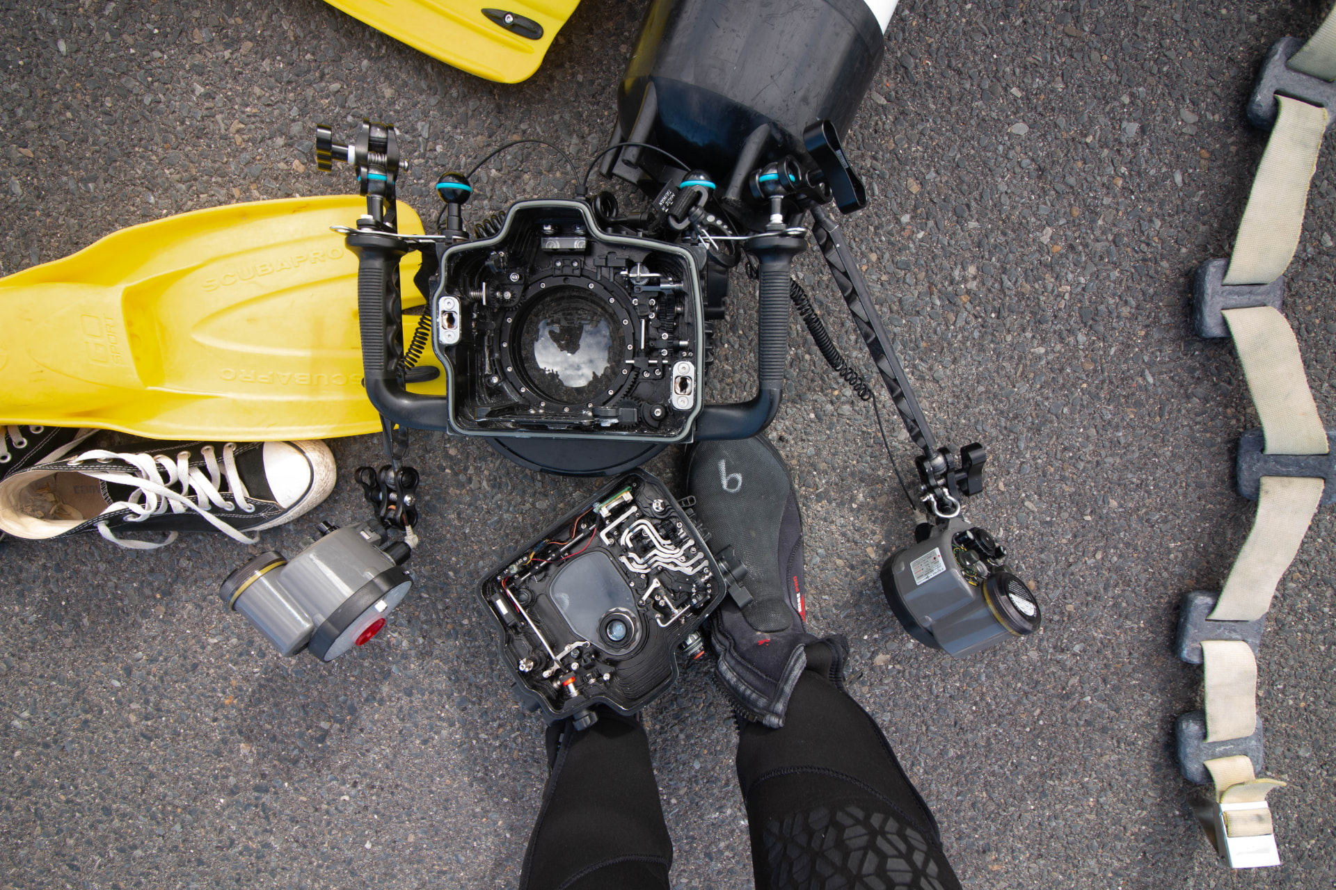Overhead view of a diver's camera rig, fins and weight belt laid out on the dock before a dive