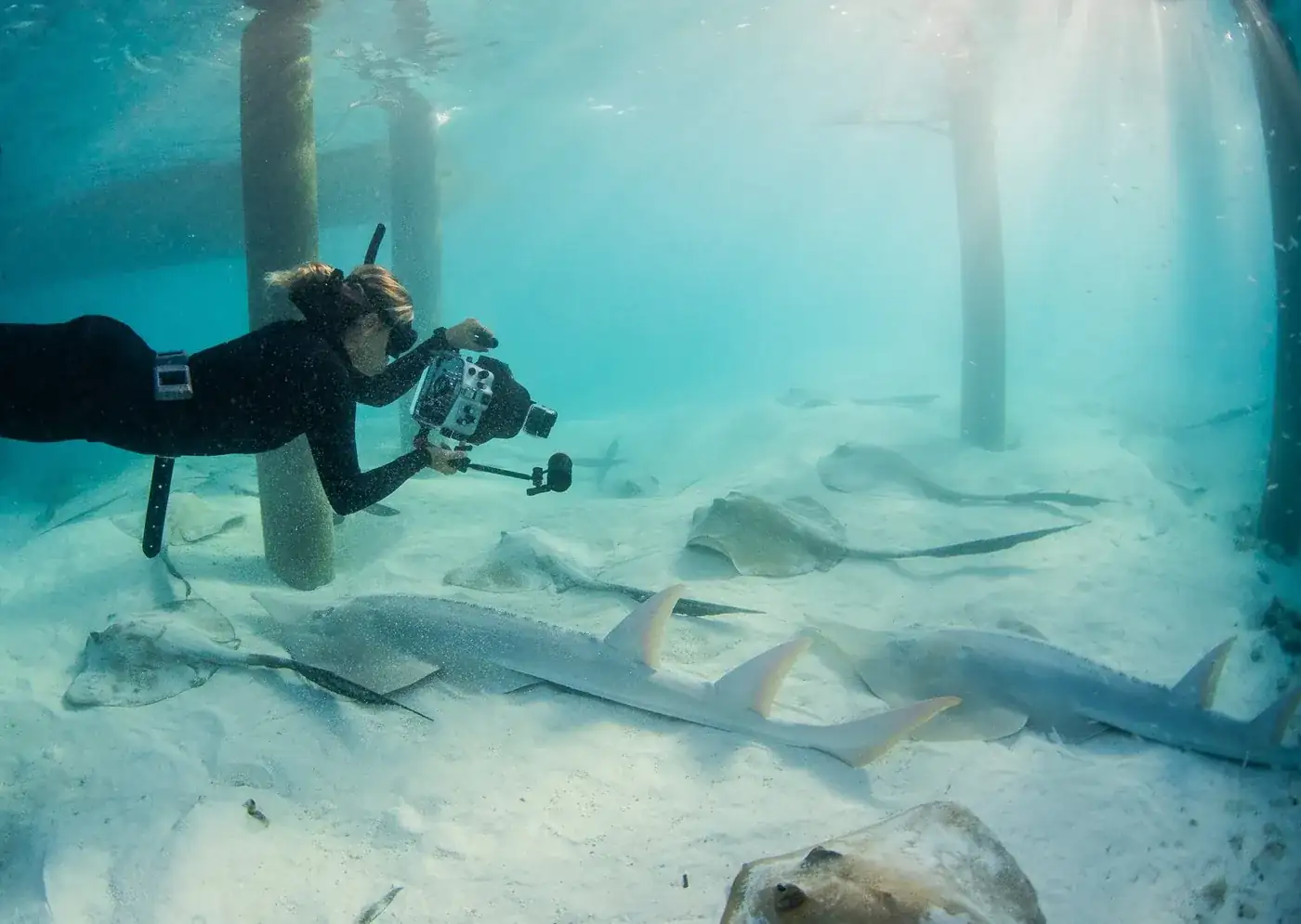A diver films stingrays swimming beneath a jetty